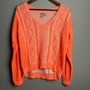 Mudd Womens Y2K V Neck Cable Knit Sweater Orange White Cropped‎ Size Large